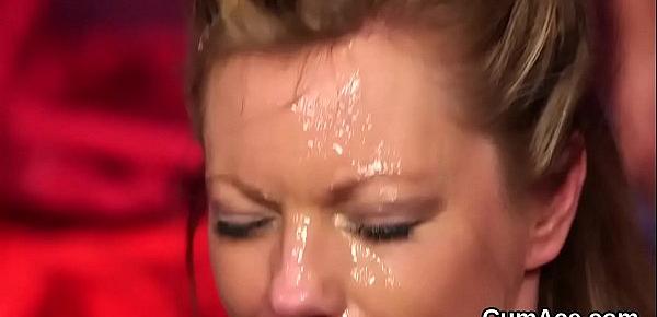  Randy beauty gets cumshot on her face eating all the spunk